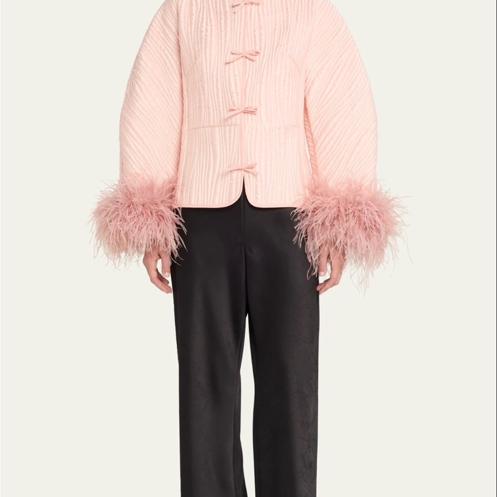 Sleeper Quilted Jacket in Pale Pink with Feather Trim